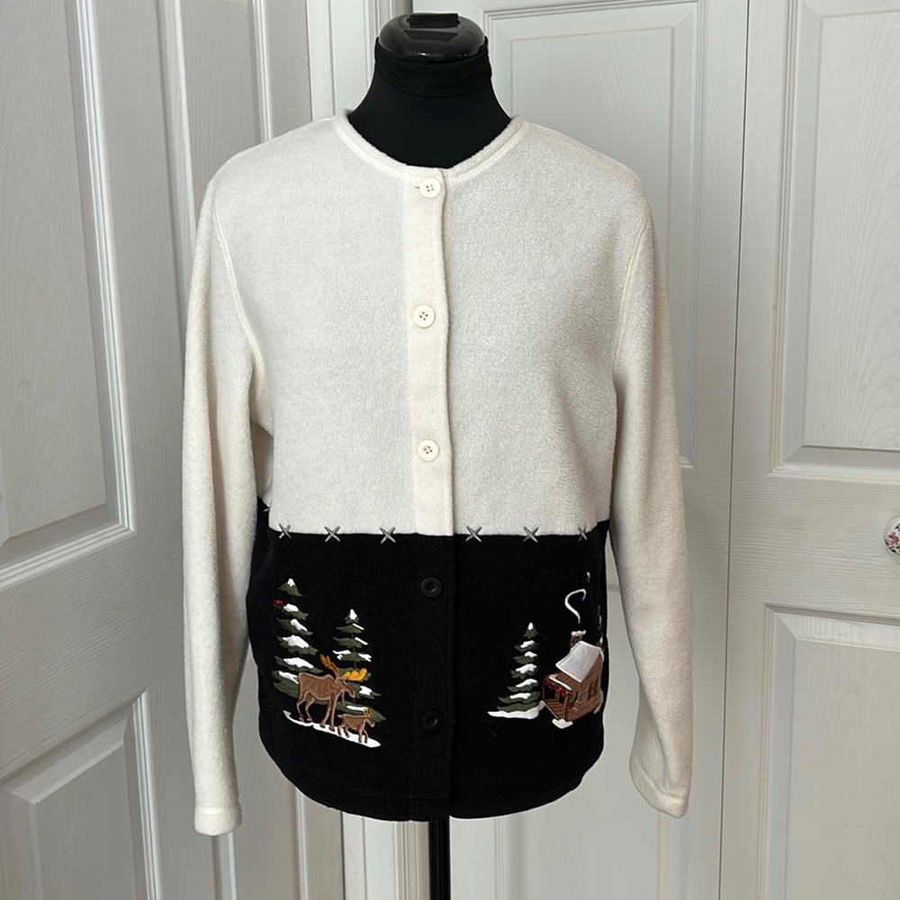 C & B Sport Winter/Christmas Moose & Cabin Button Down Fleece/Jacket Size S